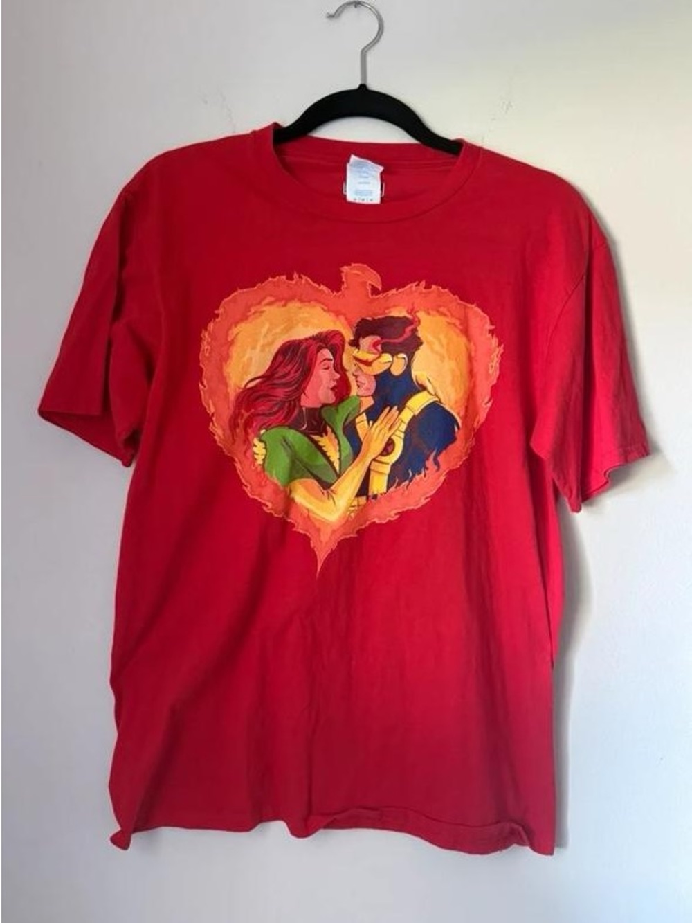 Men's Red Short-Sleeve Graphic Tee with Heart Superhero Design